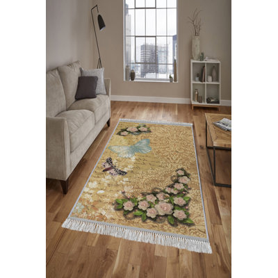 Tapis en velours / coton tissé à plat à motif floral Dollar en brun / rose / vert