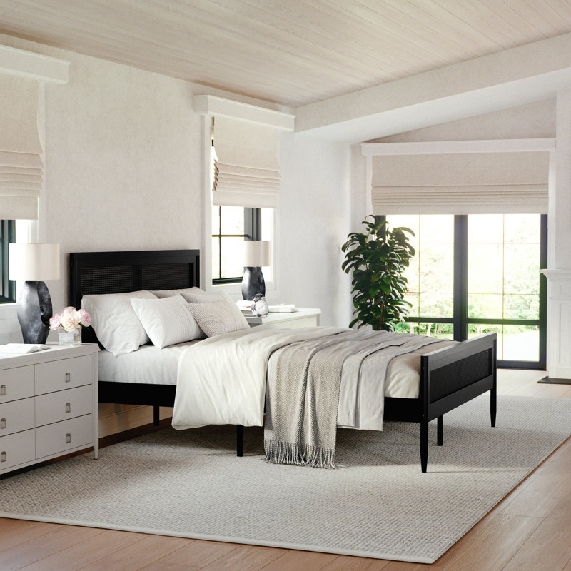 Black Queen Size Wood Platform Bed with Rattan Headboard and Footboard
