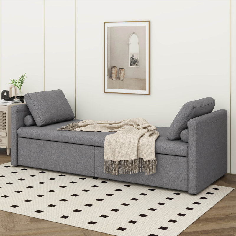 Modern Upholstered Chaise Lounger Daybed - A Small Single Size With 2 Built-In Drawers, Grey
