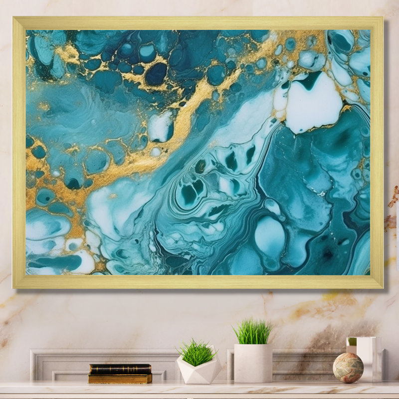 Turquoise de luxe, art fluide abstrait V encadré sur toile, H 30 po x l 40 po x P 1,5 po, Cadre doré à une seule photo
