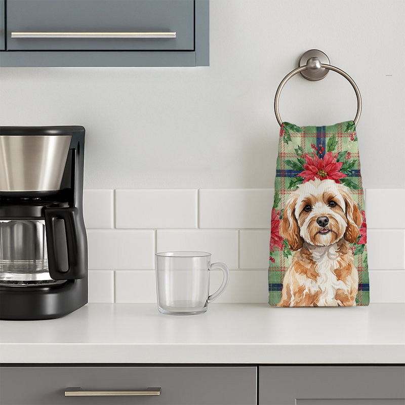 Cavapoo Christmas PoinsettIas Kitchen Towel, White/TanCavapoo