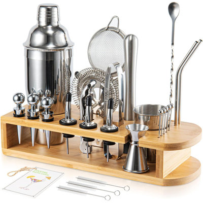 Ensemble 26 pièces shaker en acier inoxydable avec support en bambou - Ensemble barman professionnel