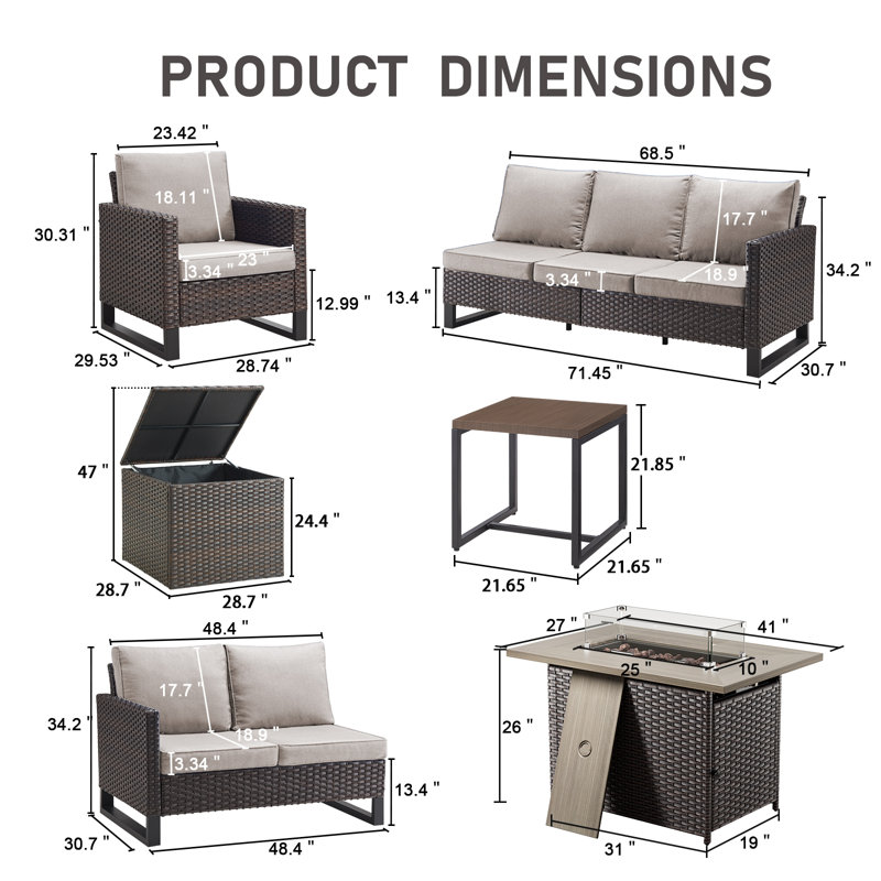 Ingvald 9 Piece All-Weather Wicker Outdoor Patio Family Conversation Set Group With Fire Pit Table, Beige