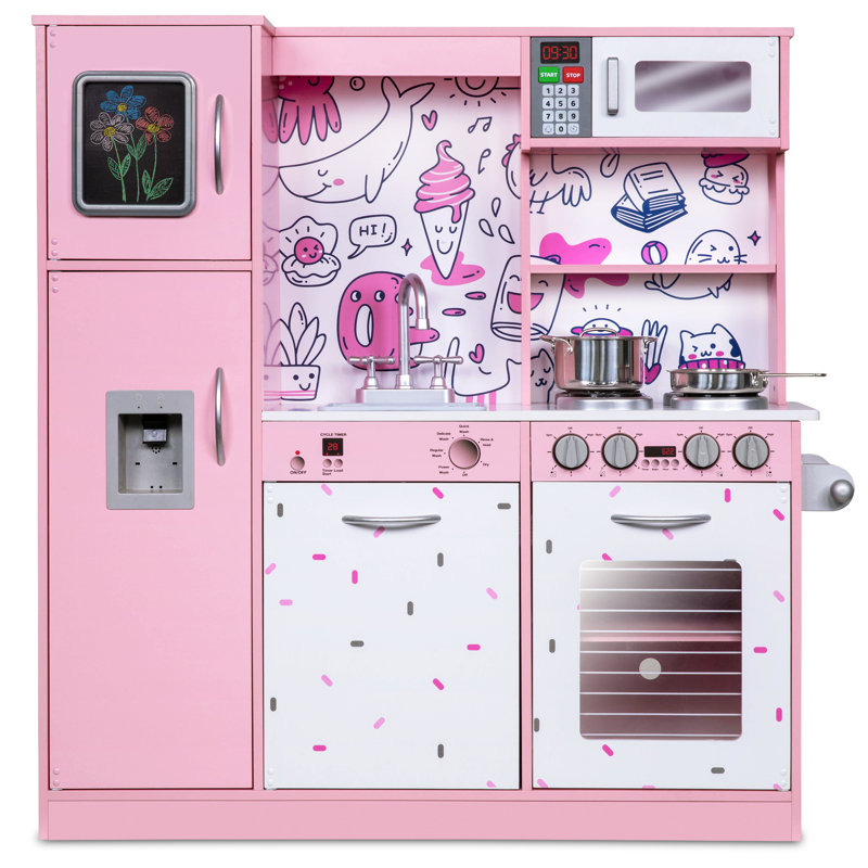 Pink Wooden Play Kitchen Set with Realistic Sounds