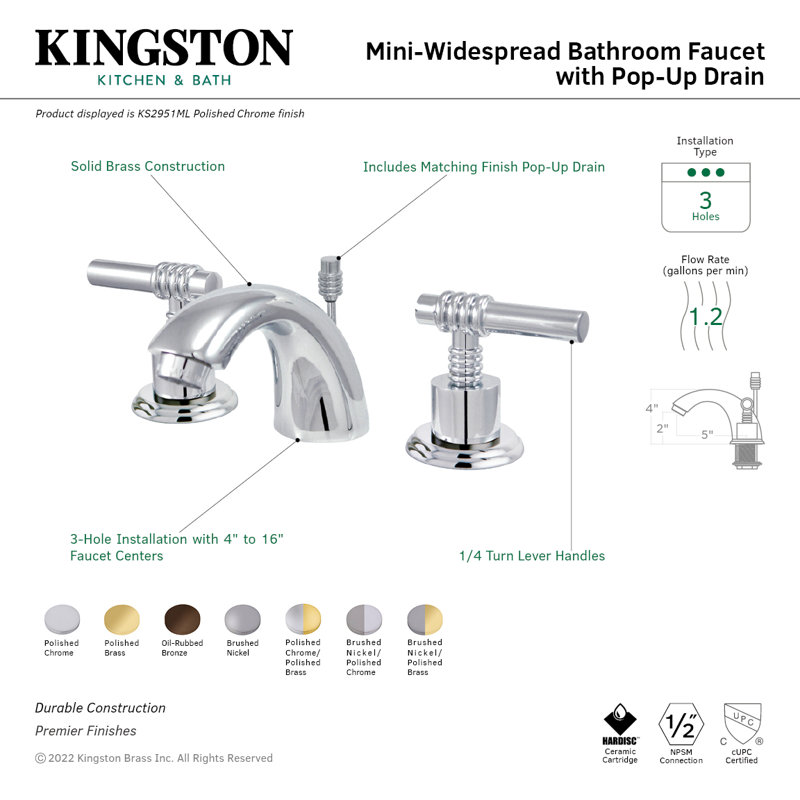 Kingston Brass Two-Handle 3-Hole Deck Mount Mini-Widespread Bathroom Faucet with Brass Pop-Up, Oil Rubbed Bronze