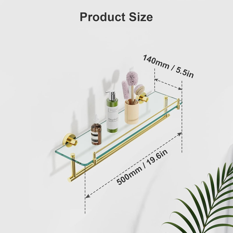 Codee Glass Floating Shelf with Towel Bar, Brushed Gold