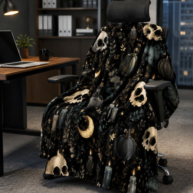 Couverture polaire à motif de crânes, citrouilles et lune pour l'Halloween, de style gothique et sorcière, douce et légère, idéale pour décorer un canapé, un lit, une chambre ou un salon.
