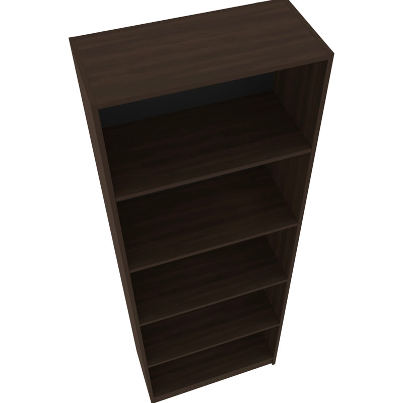 Bibliothèque en noyer teinté à 5 tablettes avec rangement ouvert et 4 niveaux pour ranger les articles essentiels dans l'espace de vie principal, structure en bois, tablettes fermées à l'arrière, grand dossier horizontal vertical, panneau de particules idéal