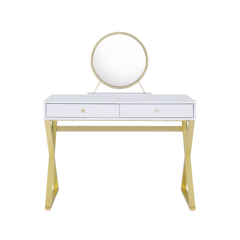 White Gold Finish Vanity Desk Mirror Jewelry Tray