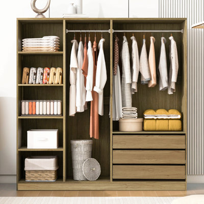 Armoire de rangement en bois sans porte pour chambre à coucher avec tablettes et 3 tiroirs