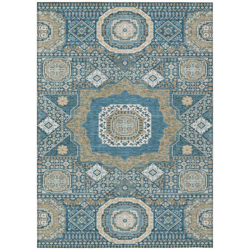 Machine Washable Indoor/Outdoor Chantille ACN2525 Traditional Rug, Teal, Rectangle 8' x 10'