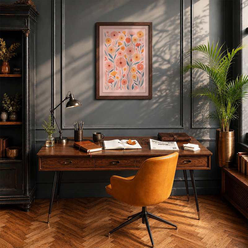 Daisy Garden Rhythm Botanical - Framed Print, Walnut, A1 - 84.1 x 59.4 cm