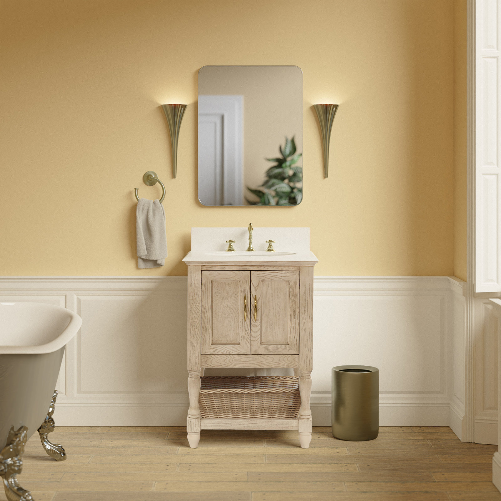 Hampton 24'' Single Bathroom Vanity, Engineered White, Greige Oak