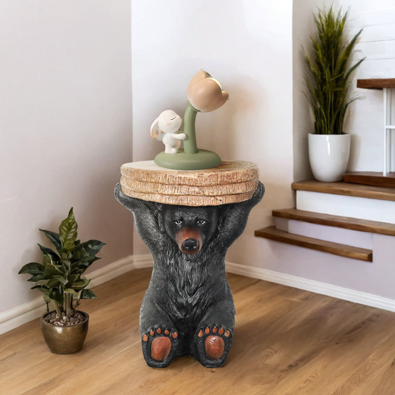 20.8" Outdoor/Indoor Concrete Black Bear Side Table - Bear Statue Plant Standholding A Tree Stump Tray For Garden, Patio, Backyard, Lawn, House, Office Decor