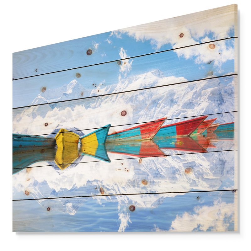 «Déplacement de bateaux colorés dans le lac», impression, H 36 po x l 46 po x P 1,5 po, Bois