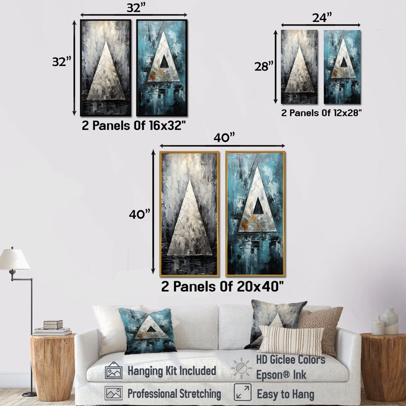 Triangle Trance Shimmering Silver - formes abstraites, ensemble de 2 reproductions d'art mural, Cadre flottant blanc