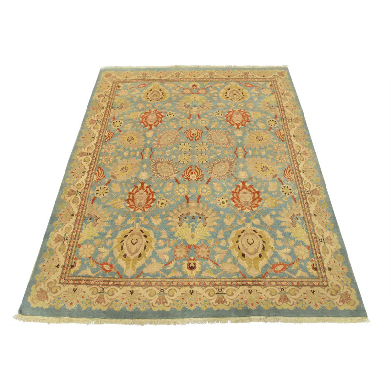Tapis oriental traditionnel en laine noué à la main bleu 7 pi 10 po x 9 pi Ziegler