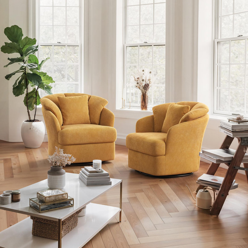 Lillyona Chenille Swivel Barrel Chairs, Mustard Turmeric Chenille