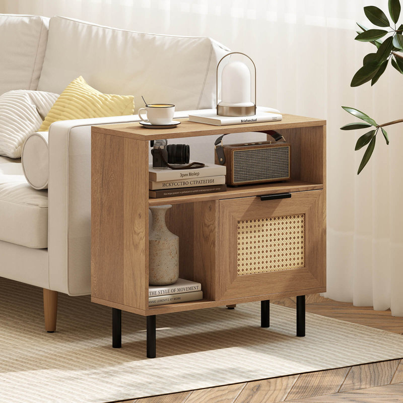 Boho Rattan Nightstand Wooden End Table with Storage Shelf Cabinet & Metal Legs