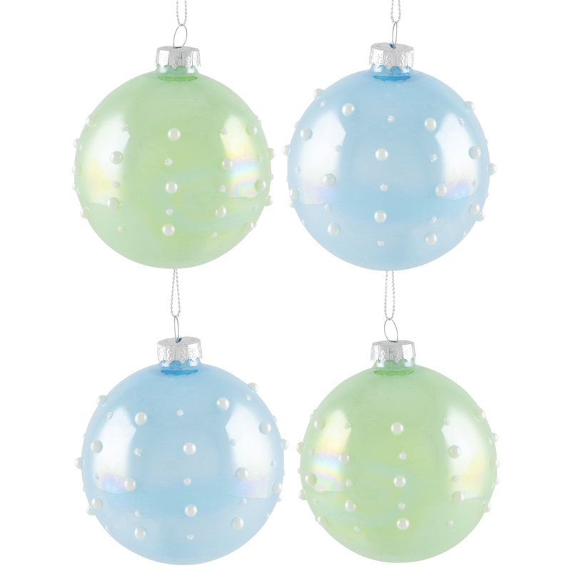Shiny Glass Ball Christmas Ornaments With Pearl Drops - 3" (80Mm) - Blue And Green - 4Ct
