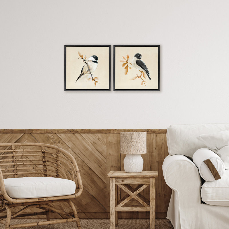 Cadre flottant discret 2 mésanges sur fond beige, design par Diannart, H 25 po x l 25 po, Cadre flottant noir de jais
