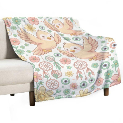 Cute Birds Flowers Dreamcatchers Eyes Pattern Luxury Flannel Throw Blanket, Soft Warm Fuzzy Blanket for Living Room Sofa Bed Home Decor