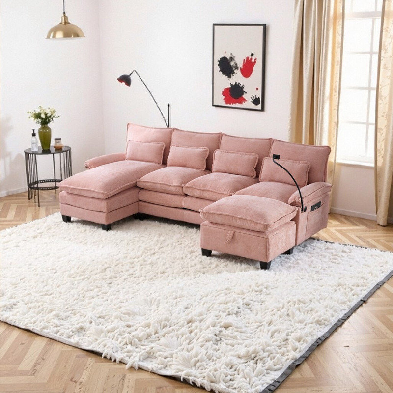 Afore 106" U-Shape Sectional Sofa with Chaise, Ottoman & Storage, Chenille Fabric, 800 Lb Capacity, Pink
