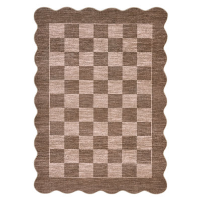 Scalloped Rugs for Living Room Washable Modern Checkered Indoor Rug Non Slip Contemporary Floor Mats Non Shedding Low Pile Accent Carpet for Bedroom Nursery Kitchen
