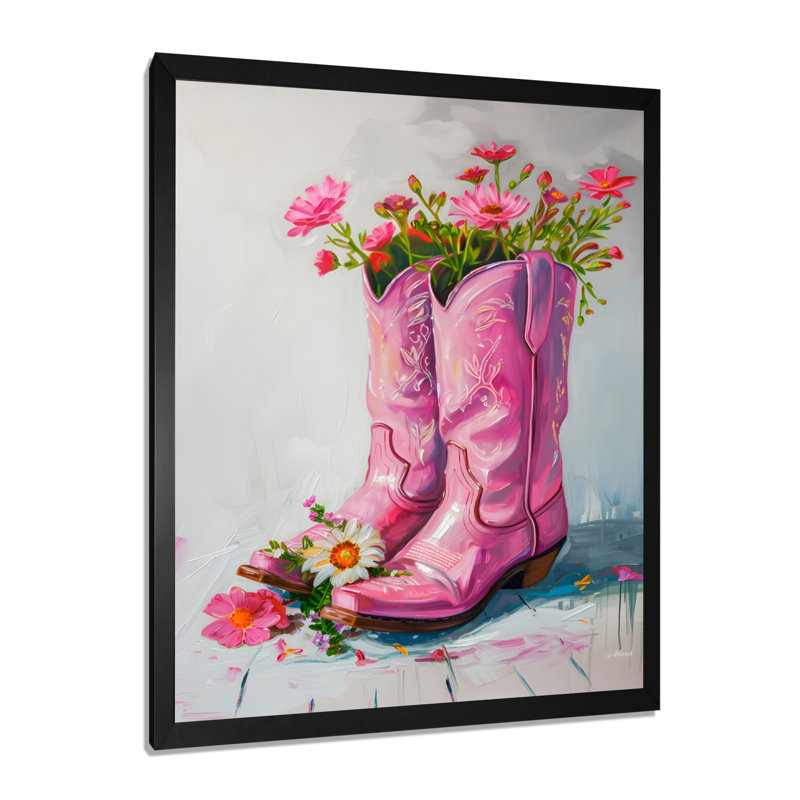 Fleurs roses, bottes de cow-boy, H 20 po x l 12 po x P 1 po, Toile encadrée noire simple