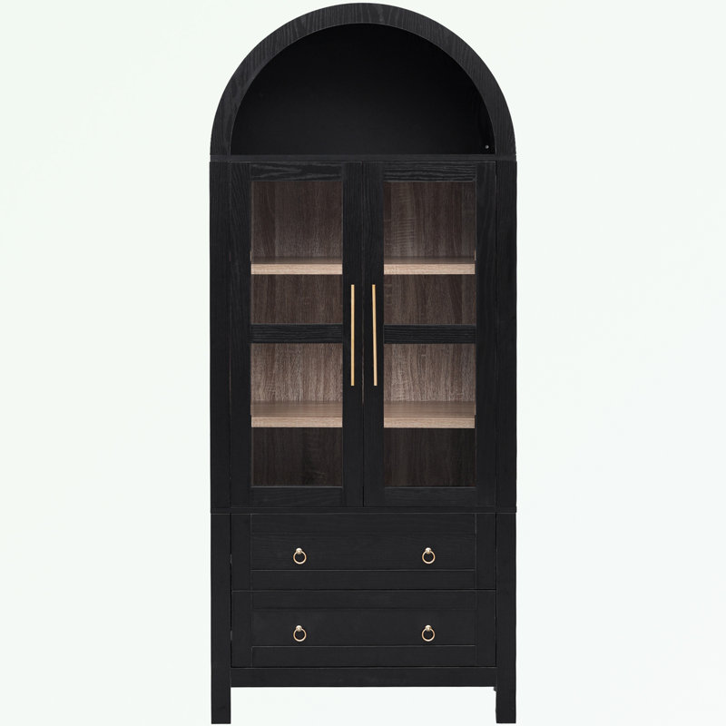 Grand garde-manger arqué avec 2 tiroirs, tablettes réglables et porte vitrée, Noir