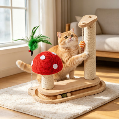 Grattoir en bois naturel avec grattoir à champignon, tour en sisal, jouets interactifs et rail pour chats