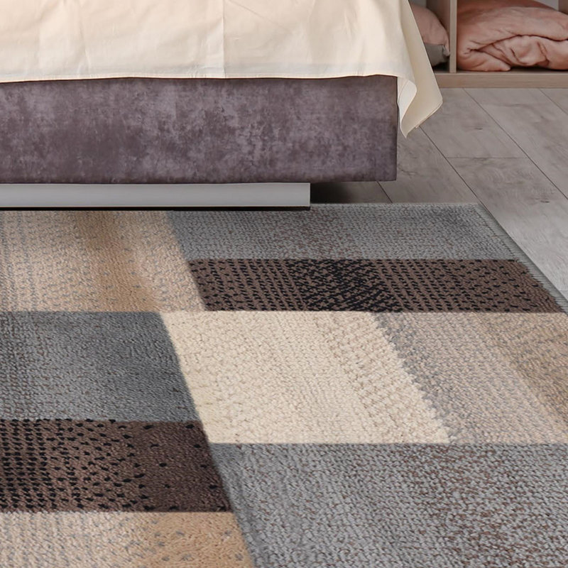 Tapis gris-brun 5 pi x 8 pi à tissage mécanique résistant aux taches