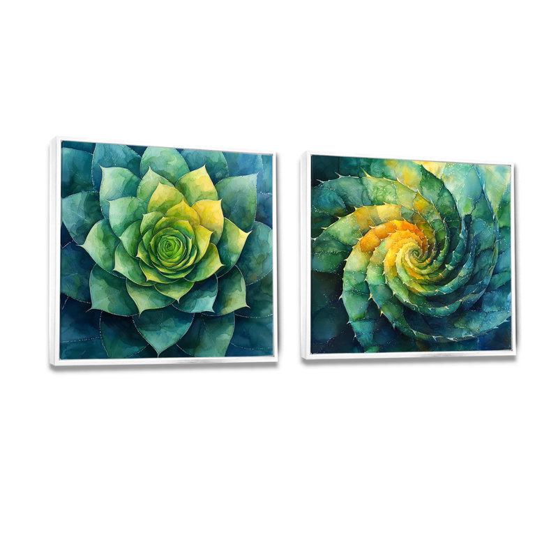 Géométrique spirale feuille d'aloès Succulent I, H 16 po x l 33 po, Cadre flottant, Blanc