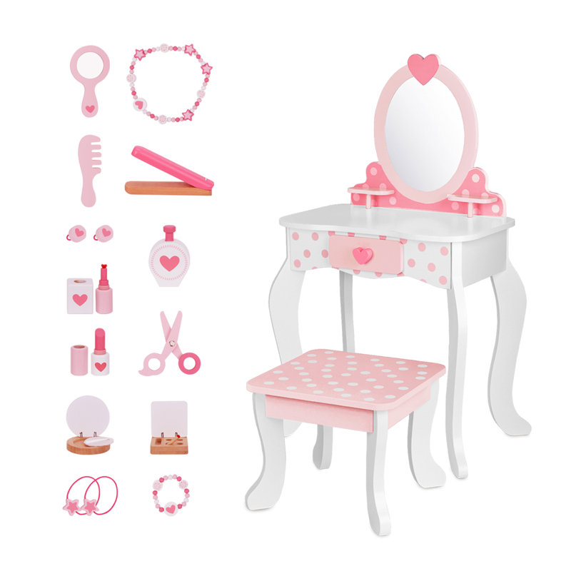 Kids Vanity Table And Chair Set,15 Pcs Makeup Accessories & Storage Drawer