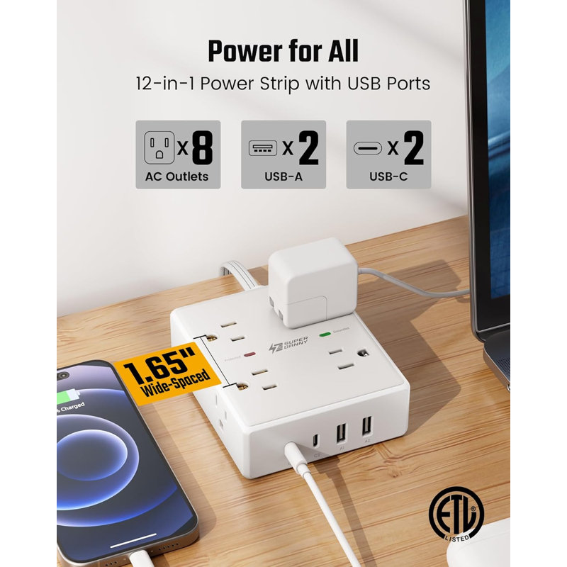 Prise plate pour protection contre les surtensions 10 pi, 8 prises CA et 4 ports USB (2 USB C) avec protection 1050J, station de charge pour bureau personnel