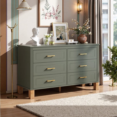 6-Drawer Double Dresser With Metal Handles And Solid Wood Legs, Heavy-Duty Storage Cabinet