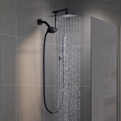 10 Inch All Metal Rainfall Shower Head With Handheld Combo, High Pressure Dual Rain Shower Head Spray, Push Button Switches, Adjustable Extension Arm, Matte Black