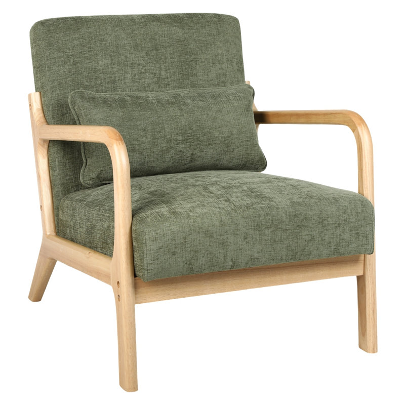Chaise d'appoint avec structure en bois massif et coussin lombaire amovible, Vert d’armée, Naturel