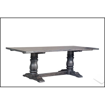Leventis Weathered Gray Finish Dining Table with Rustic Charm and Spacious Trestle Design for Versatile Use