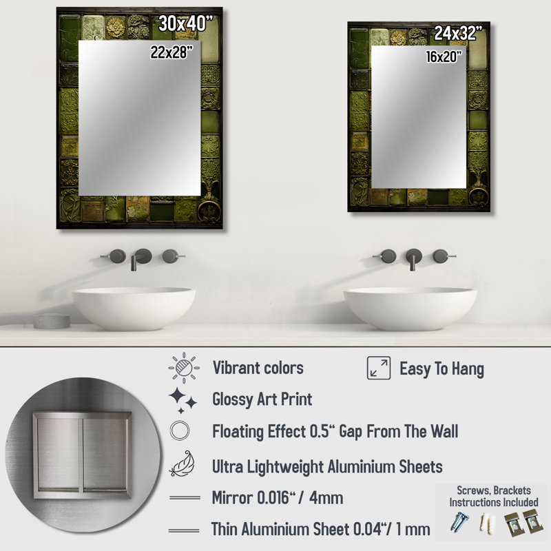 Green Stone Tiles I - grand miroir mural, miroir décoratif vert, impression sur métal, 32 po x 24 po