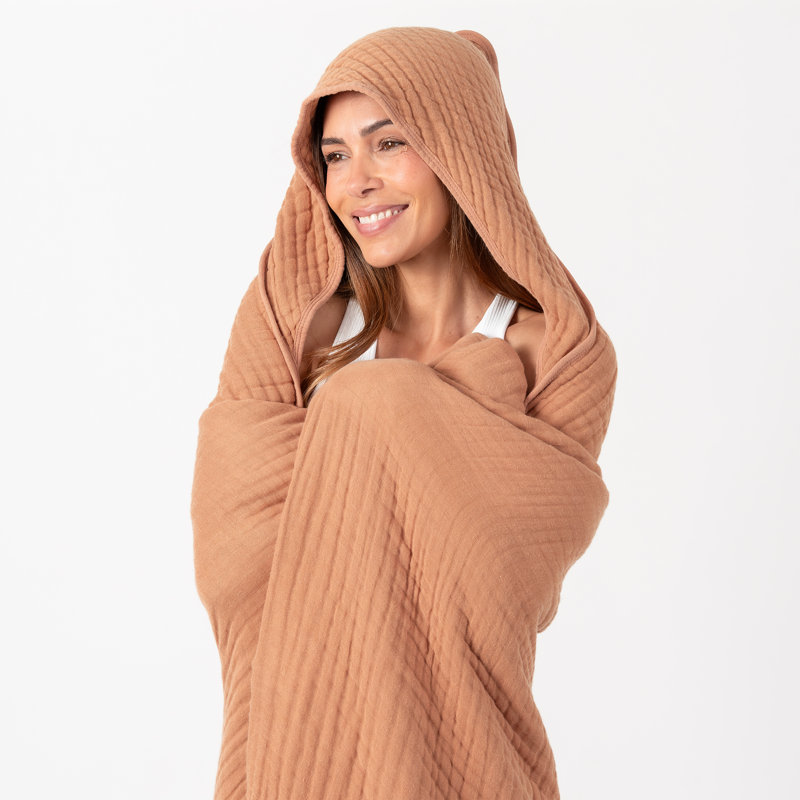 Comfy Cubs Adult Hooded Towel, Large Muslin Cotton Durable and Dual Function Wearable Blanket and Absorbent, Caramel