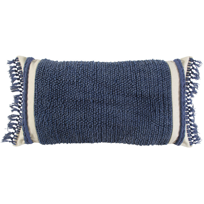 Blue Woven Cotton Rectangular Throw Pillow with Macrame Fringe