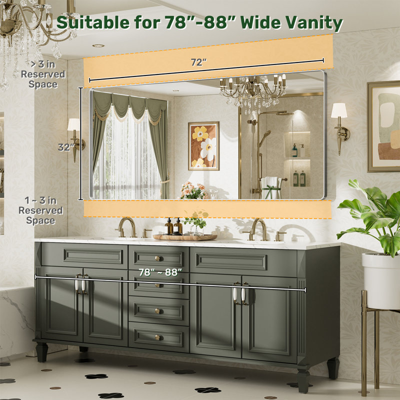 Miroir de salle de bain mural Llesenia, 72 po x 32 po, Argent argent, Rectangulaire