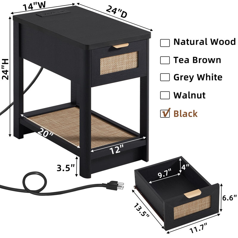 Narrow Night Stand with Charging Station, Boho Nightstand with Drawer, Bed Side End Table with Rattan Shelf for Small Spaces, Wood Nightstands Bedside Tables for Living Room Bedroom (Black)