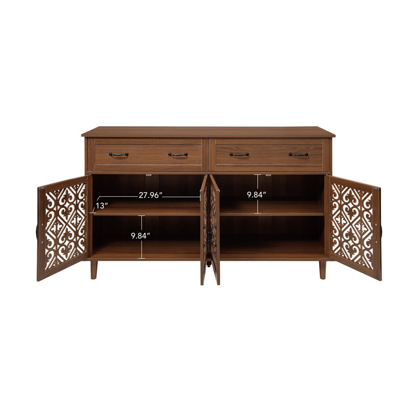 Vintage Sideboard Buffet Cabinet With Hand-Carved Hollow Doors, Distressed Light Wood Finish, 2 Drawers & 4 Doors Storage Cabinet, Metal Handles, 13 Cm Raised Legs For Easy Cleaning, For Living Room