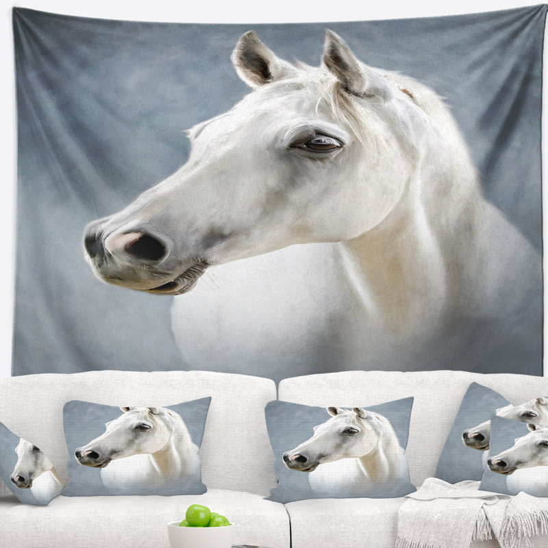 Une tapisserie de cheval blanc seul Animal, H 32 po x l 39 po