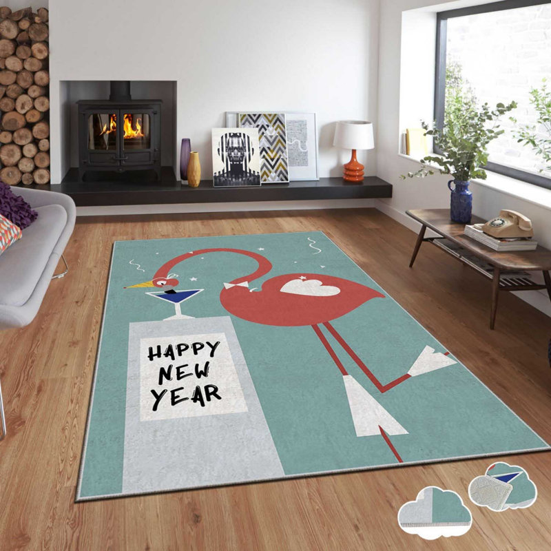 Tapis rectangulaire tissé à la machine en polyester bleu / gris / rouge, Rectangle 2 pi 7 po x 4 pi 7 po