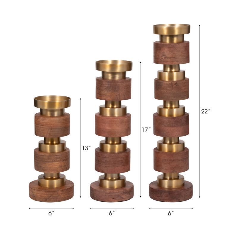 Foxx Modern Neutral Hollis Wood Candle Sticks, Set of 3 - 6" x 6" x 22", Brown/Brass