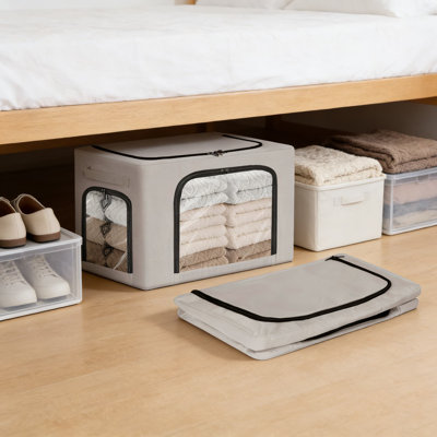 Collapsible Storage Bins With Zipper And Metal Frame Handles, Stackable Closet Organizer Box With Lid For Clothes, Bedding, Blankets, And Towels