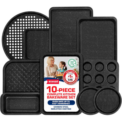 Bakken 10-piece Baking Pan Set – Gray Marble Nonstick Carbon Steel Bakeware, Oven Safe To 450°f, Durable, Stackable & Space-saving